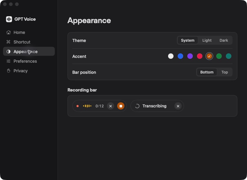 GPT Voice settings window, Appearance page, in dark mode.
