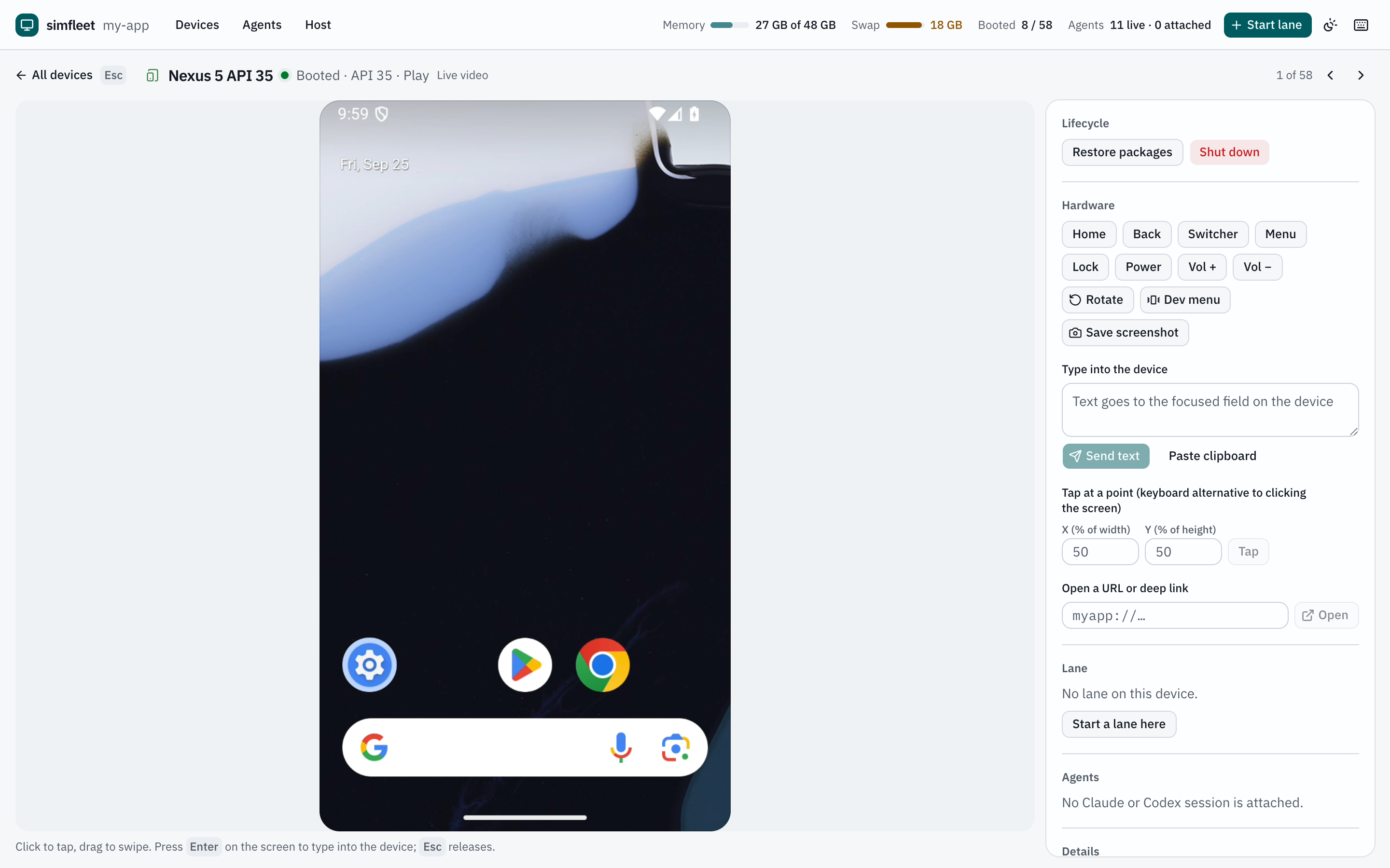 The simfleet dashboard focused on a live Android emulator